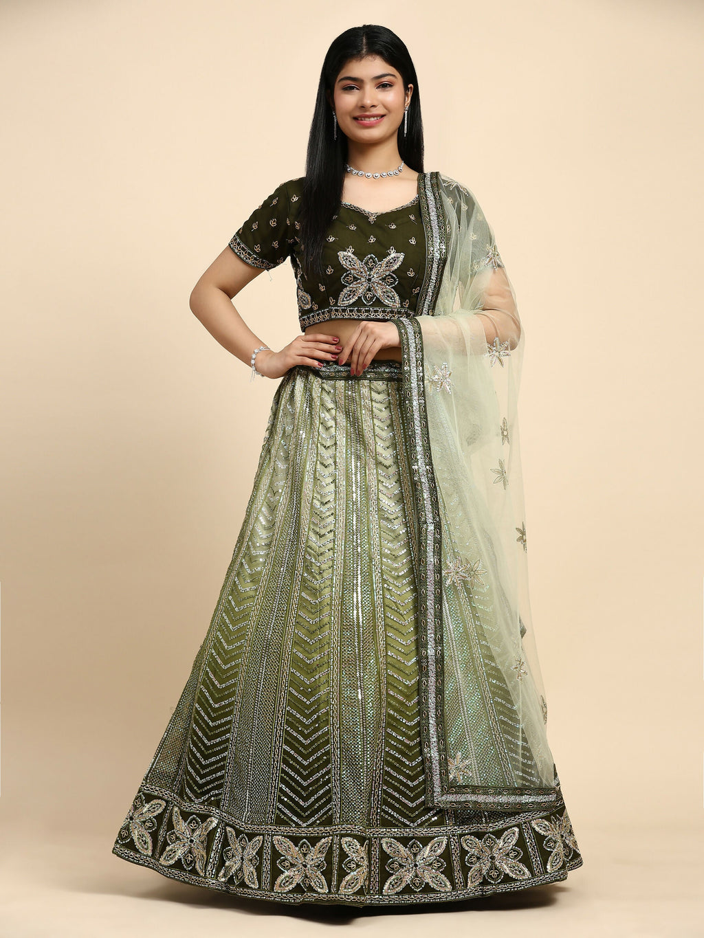 Green Fancy Net Sequence Embroidered Lehenga Choli with Dupatta - Dhara | Grocsy