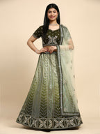 Green Fancy Net Sequence Embroidered Lehenga Choli with Dupatta - Dhara | Grocsy