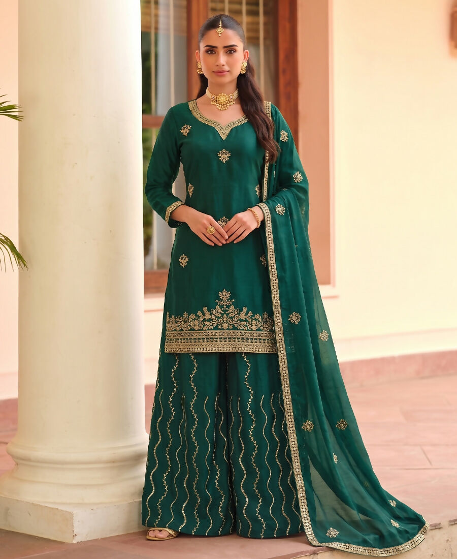 KC Green Ethnic Wear Ready Made Chinon Suit For Women | Grocsy