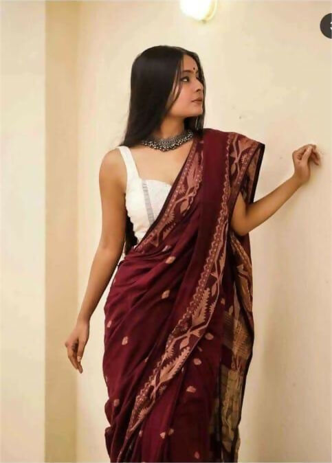 Exclusive Collection Beautiful Maroon Pure Cotton Woven Handloom Saree With Running Blouse Piece | Grocsy