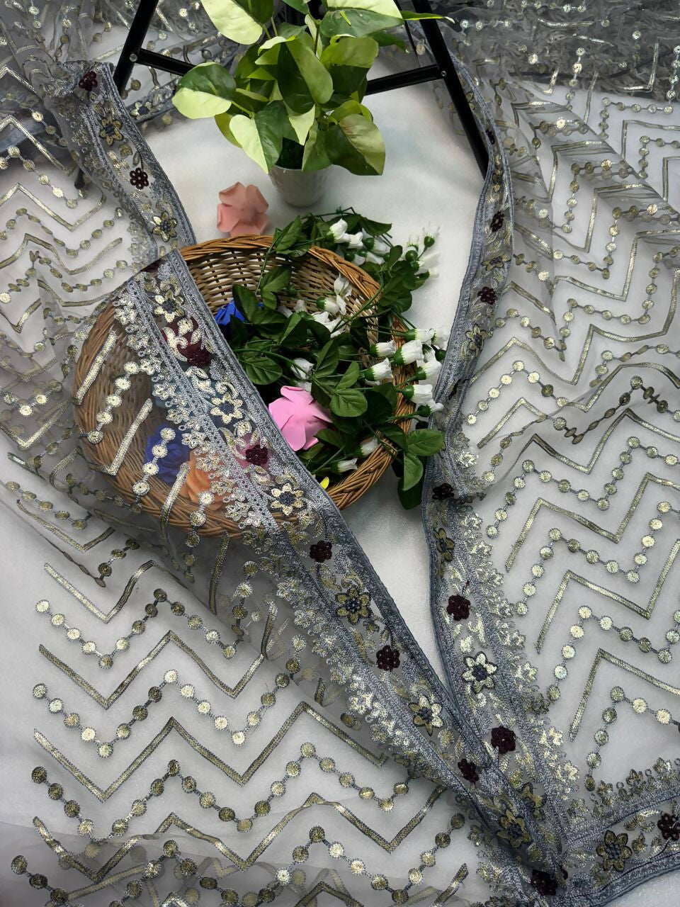 Vastranavya Butterfly Net Designer Chain Stitch Embroidery Work with Foil Thread & Stone Work Saree with Blouse Material - Grey | Grocsy