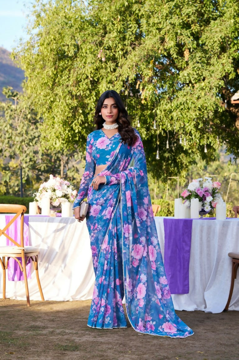Vastranavya Blue Weightless Marble Printed & Pearl Lace Border Saree with Unstitched Blouse | Grocsy