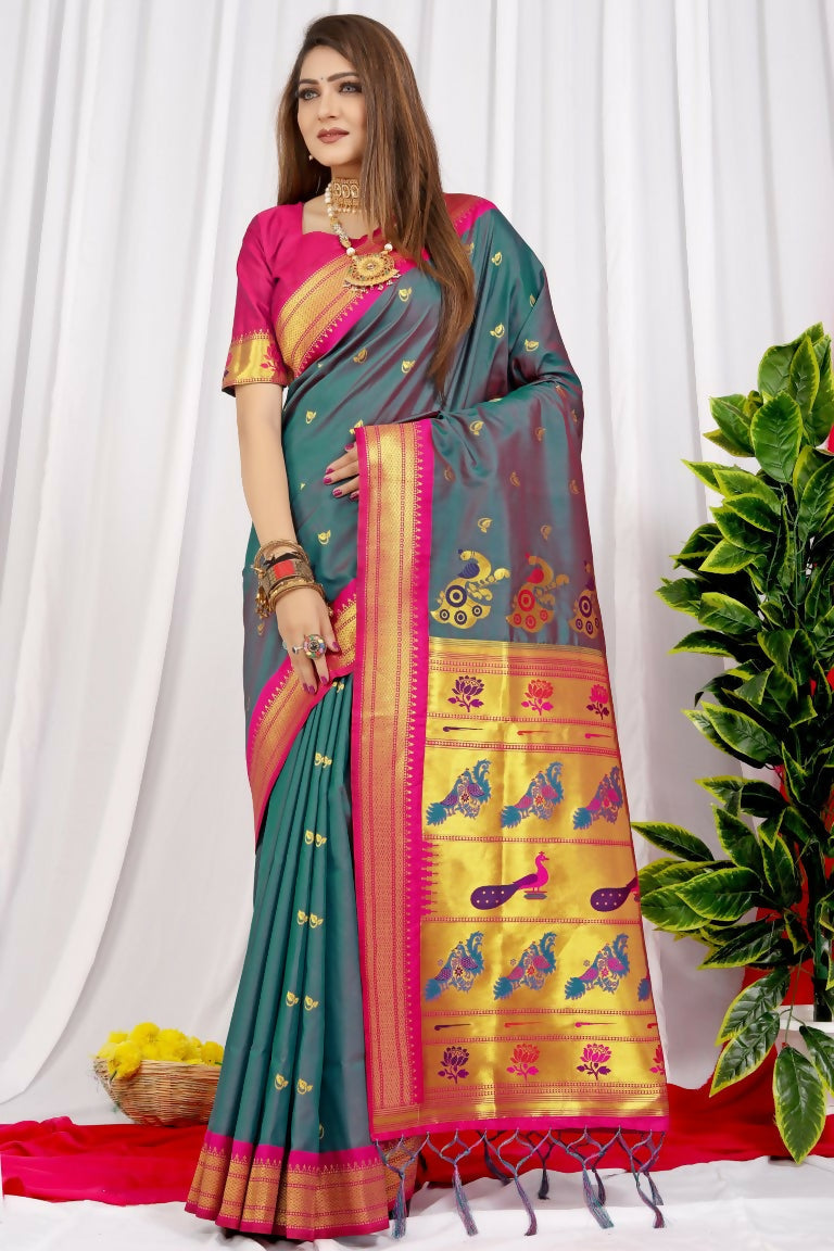 Jyoti Fashion Women's Grey Paithani Silk Zari Woven Saree with Blouse | Grocsy