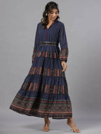 Juniper Women Navy Blue Georgette Printed Tiered Maxi Dress | Grocsy