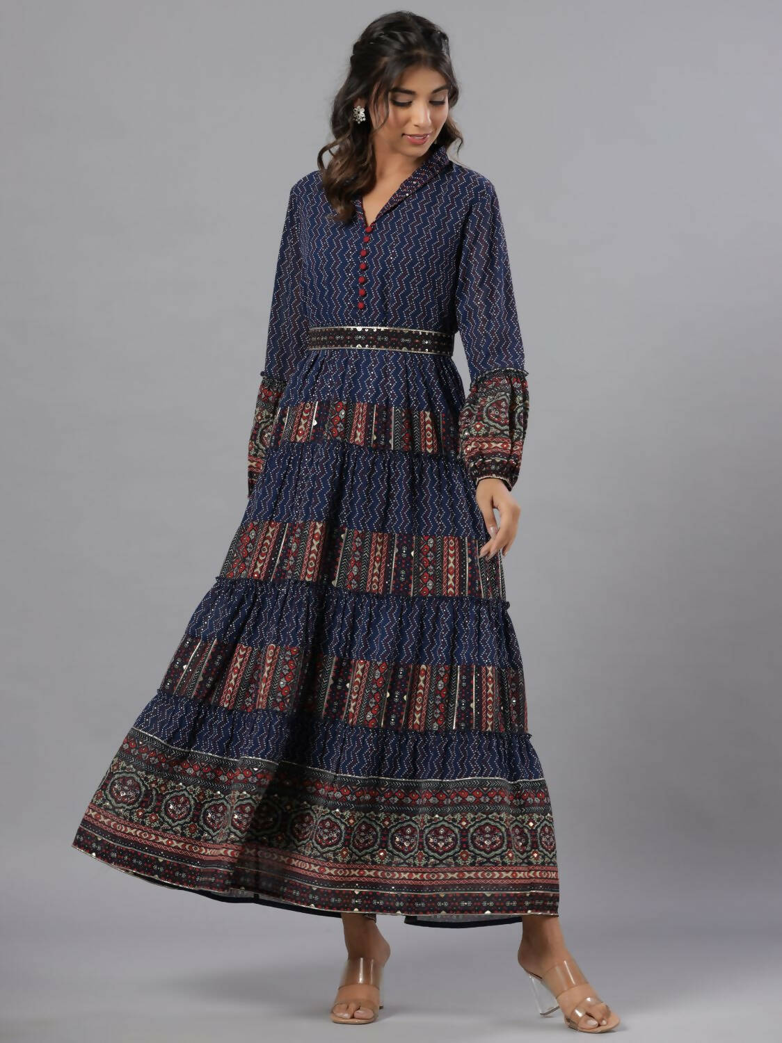Juniper Women Navy Blue Georgette Printed Tiered Maxi Dress | Grocsy