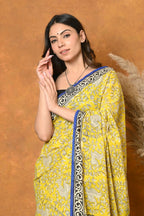 Very Much Indian Handblock Printed Cotton Saree With Natural Dyes - Green | Grocsy
