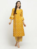 Rudra Bazaar Mustard Printed Bell Sleeve Straight Kurta with Striped Pyjamas | Grocsy