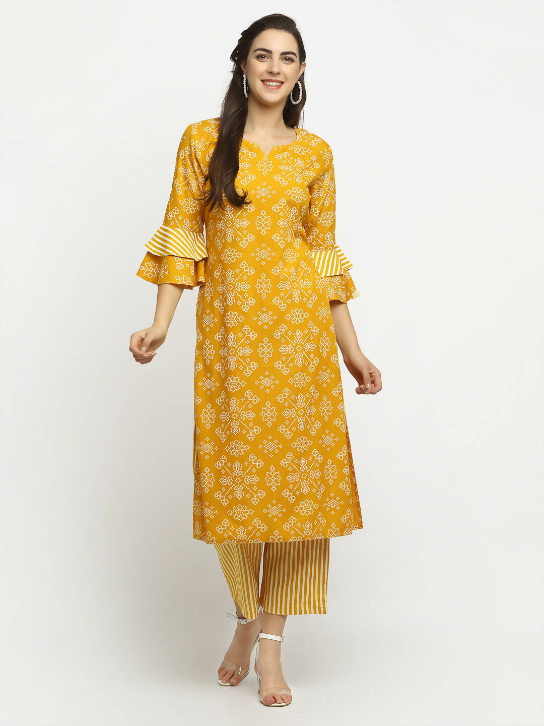Rudra Bazaar Mustard Printed Bell Sleeve Straight Kurta with Striped Pyjamas | Grocsy