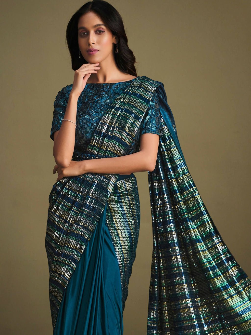 Teal Crystal Silk Sequence Embroidered Saree With Stitched Blouse - Mohmanthan La Belle | Grocsy