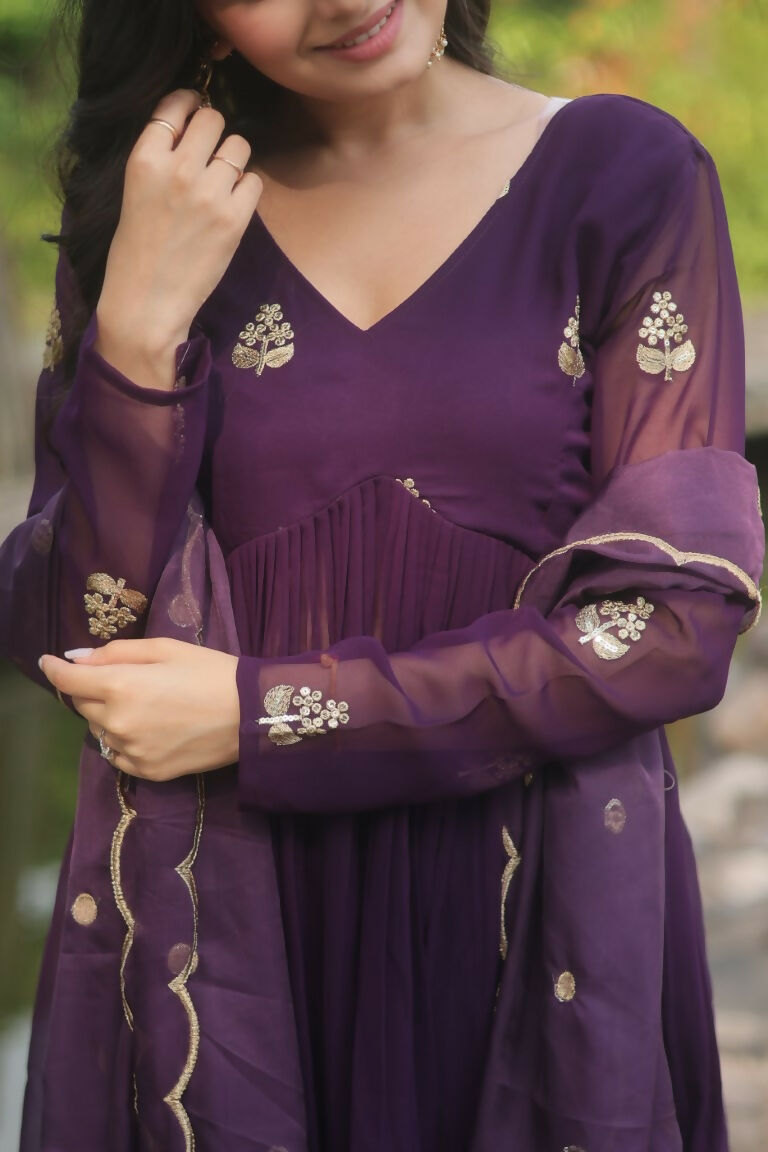 Jyoti Fashion Women's Wine Faux Blooming Embroidered Kurta with Trouser & Dupatta | Grocsy