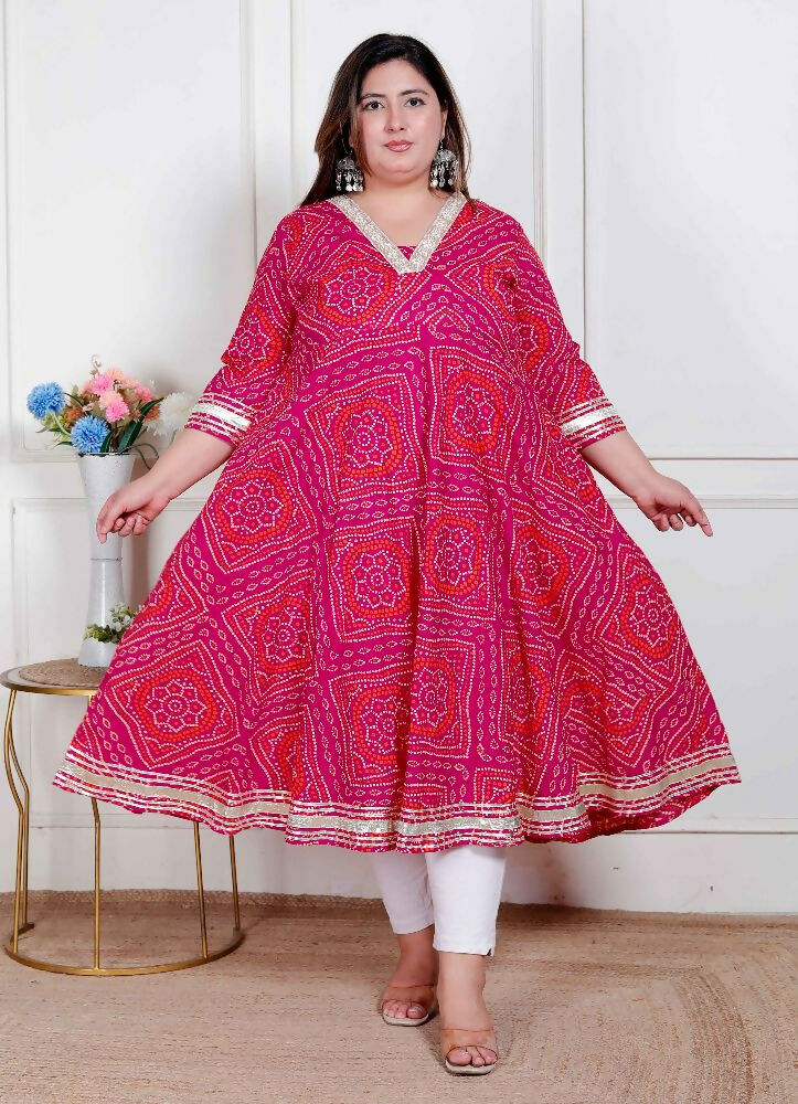 Miravan Plus Size Women'S Pink Cotton Bandhani Ethnic Anarkali Kurta | Grocsy
