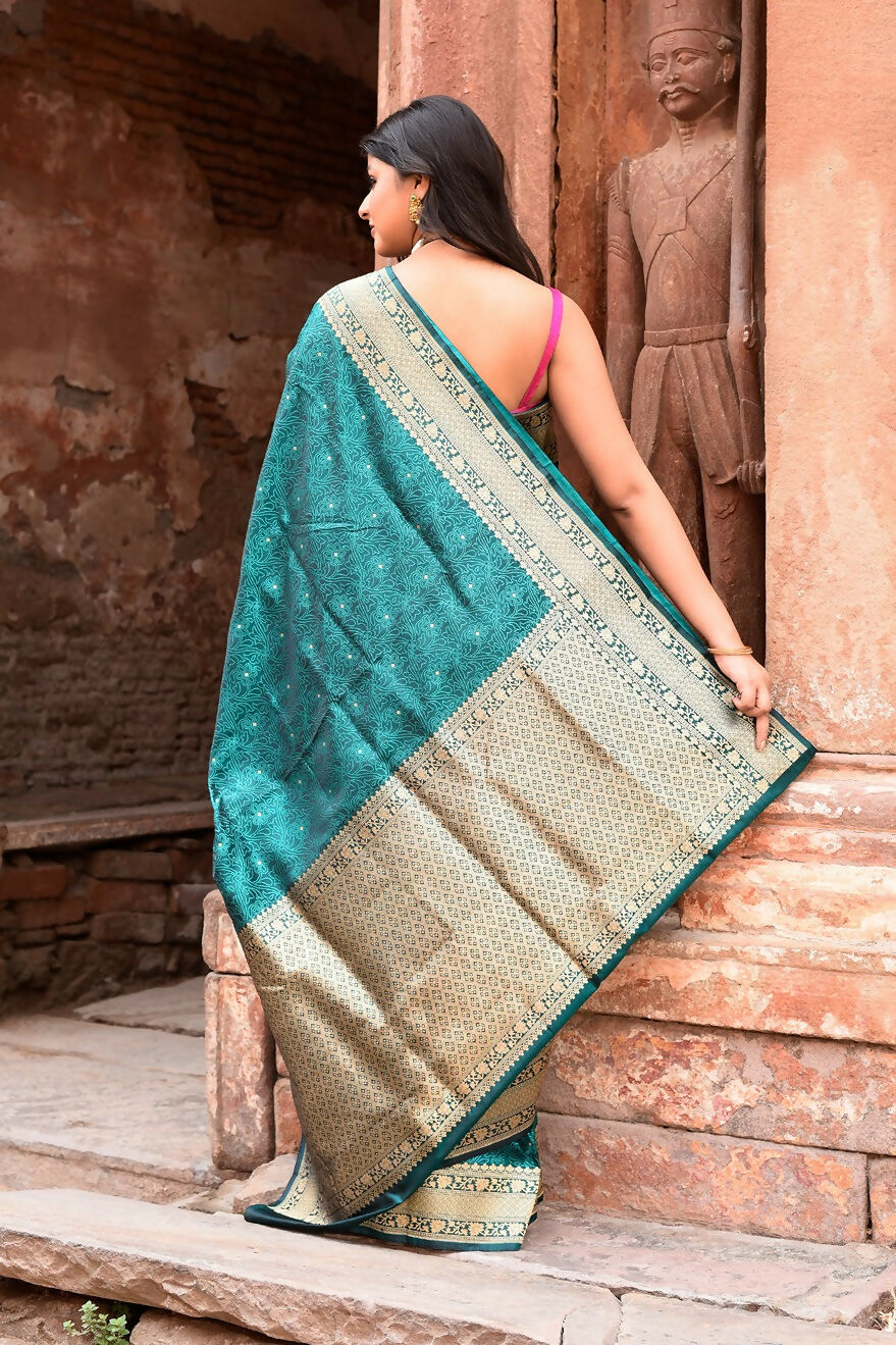 Joban Fashion Green Banarasi Katan Pure Handloom Banarasi Silk Saree | Grocsy