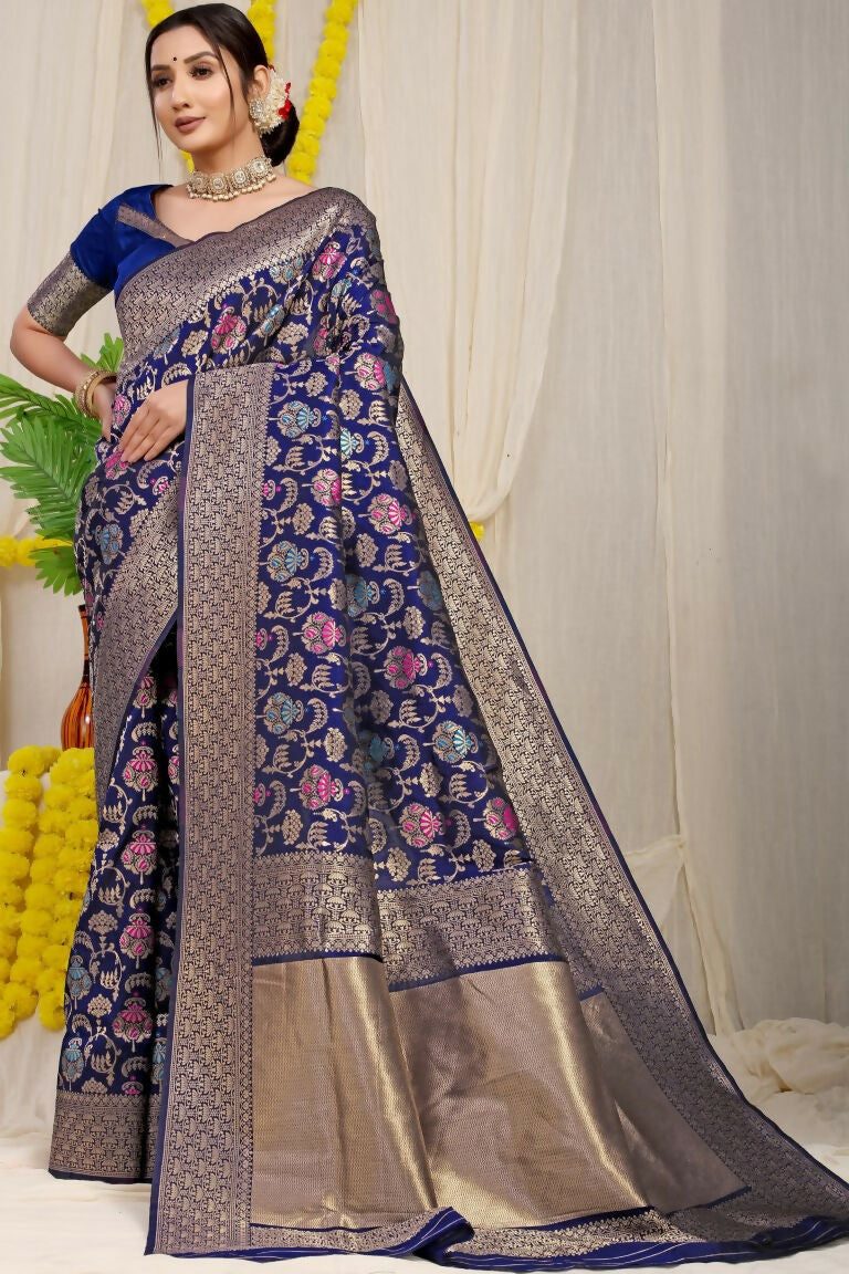 Jyoti Fashion Women's Navy Blue Kanjivaram Silk Zari Woven Saree with Blouse | Grocsy