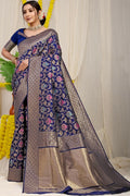 Jyoti Fashion Women's Navy Blue Kanjivaram Silk Zari Woven Saree with Blouse | Grocsy