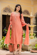 Kaajh Women's Rust Modal Silk Kurta Pant Set With Dupatta | Grocsy