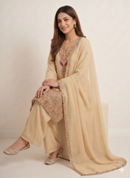 Teeya Creation Designer Beige Festive Palazzo Suit Set with Heavy Embroidery | Grocsy
