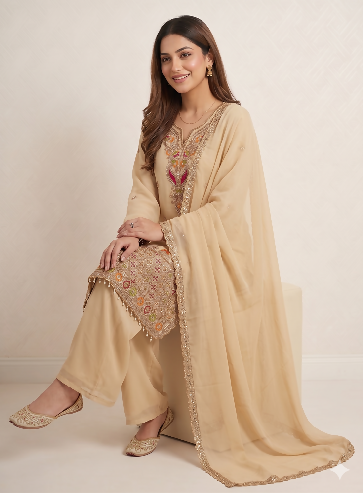 Teeya Creation Designer Beige Festive Palazzo Suit Set with Heavy Embroidery | Grocsy