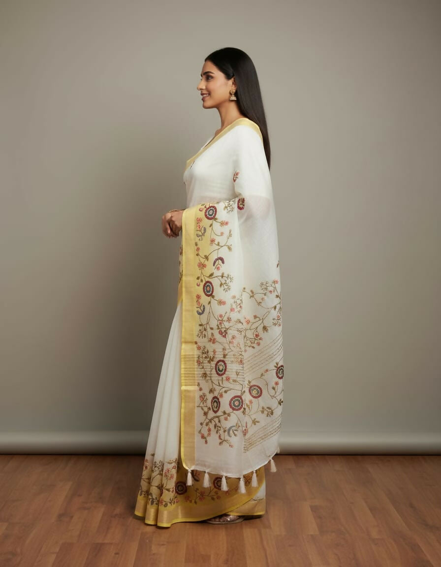 Morchari White Mal Chanderi With All Over Kantha Hand Work Saree | Grocsy