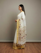 Morchari White Mal Chanderi With All Over Kantha Hand Work Saree | Grocsy