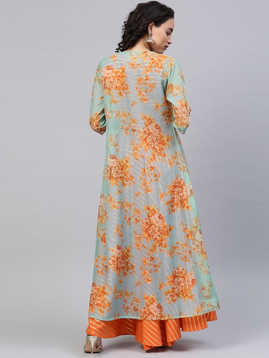 Ahalyaa Women's Orange Crepe Gold Print Top Skirt With Printed Jacket | Grocsy