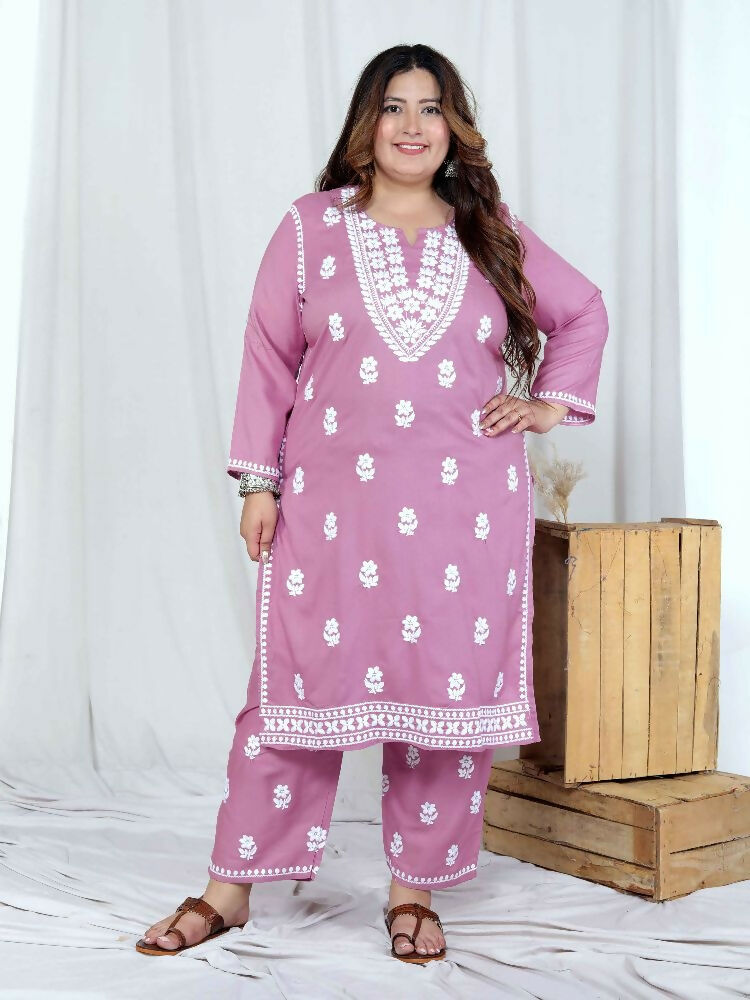 Miravan Womens Plus Size Pink Embroidered Kurta With Palazzo | Grocsy