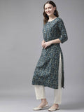 Yufta Women Blue and White Ethnic Motifs Pure Cotton Kurta with Trouser | Grocsy