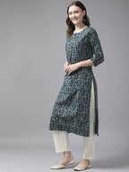 Yufta Women Blue and White Ethnic Motifs Pure Cotton Kurta with Trouser | Grocsy