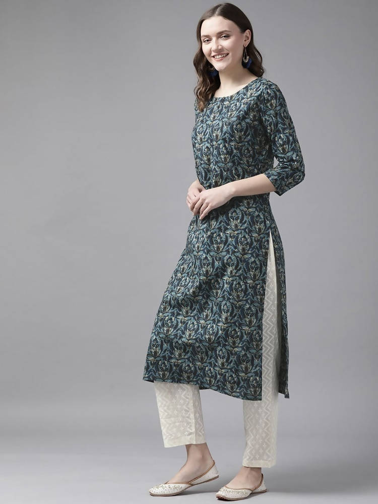 Yufta Women Blue and White Ethnic Motifs Pure Cotton Kurta with Trouser | Grocsy