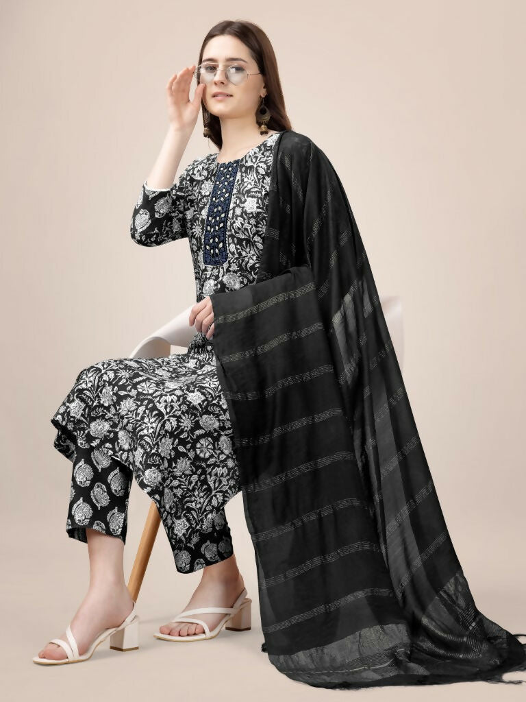 Jyoti Fashion Women's Black Rayon Print with Embroidery & Fancy Lace Work Kurta with Trouser & Dupatta | Grocsy