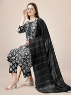 Jyoti Fashion Women's Black Rayon Print with Embroidery & Fancy Lace Work Kurta with Trouser & Dupatta | Grocsy
