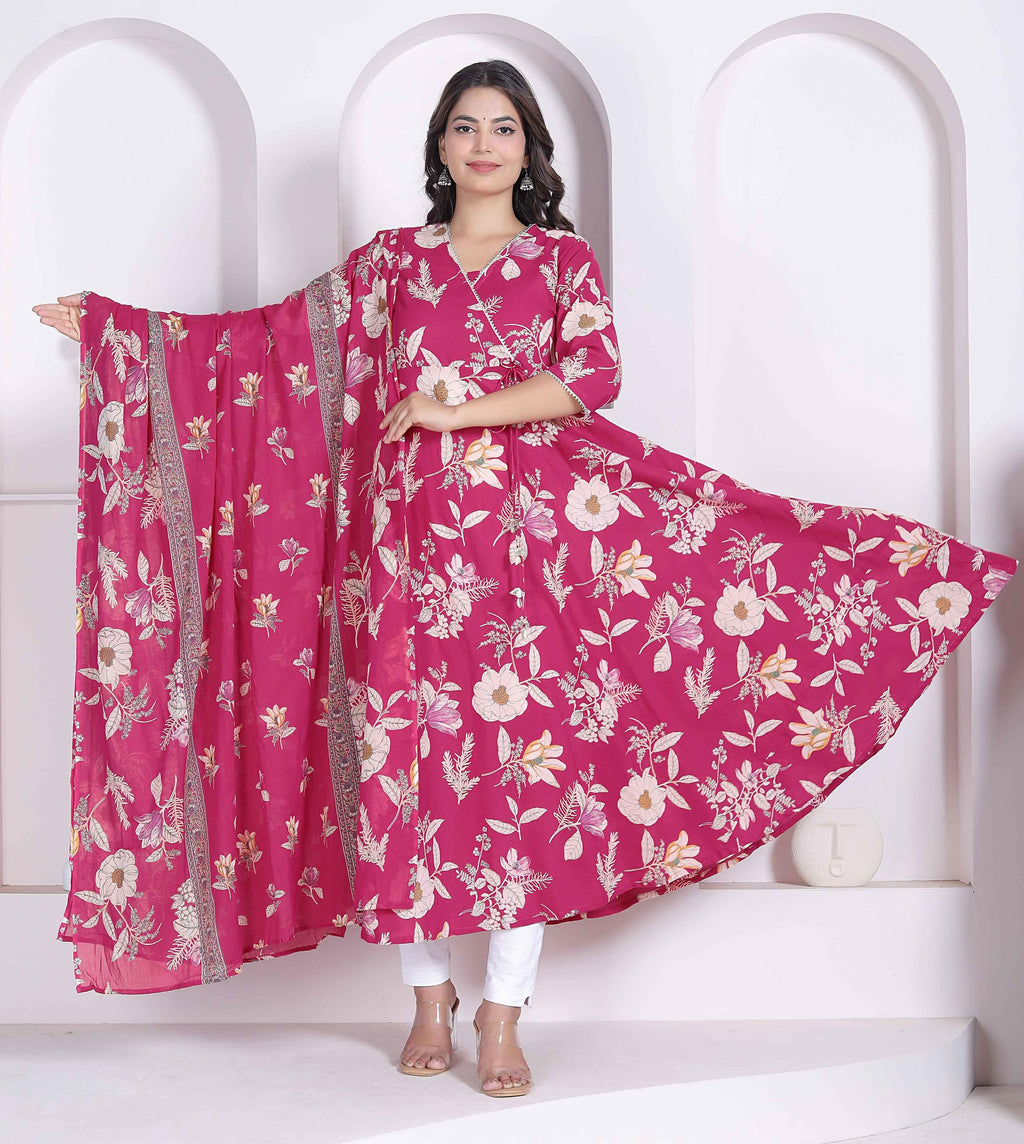 Miravan Womens Pink Floral Printed Angrakha Kurta With Dupatta | Grocsy