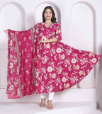 Miravan Womens Pink Floral Printed Angrakha Kurta With Dupatta | Grocsy