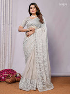Grey Glass Tissue,Net Embroidered Saree With Stitched Blouse - Nimaya Kaksha | Grocsy