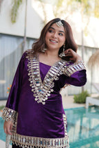 Joban Fashion Purple Velvet Embroidery Sequence Work Readymade Kurta Set | Grocsy