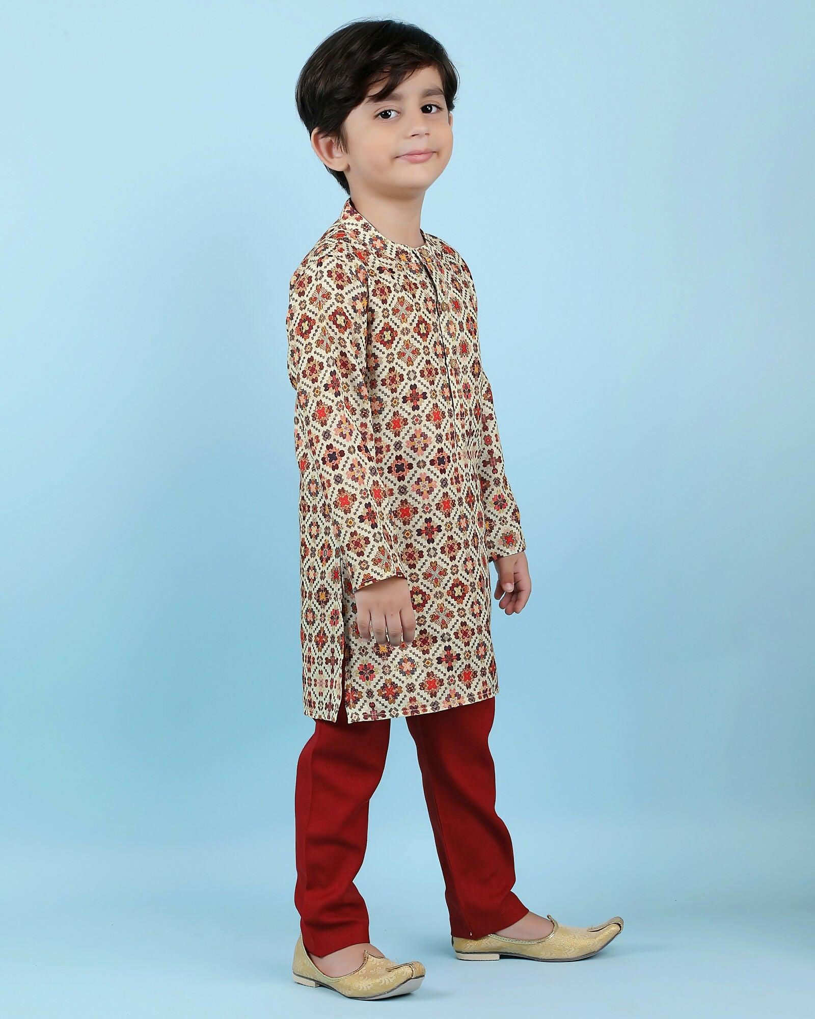 Joban Fashion Kids Island Cotton Full Sleeves Printed Kurta and Pyjama- Maroon | Grocsy