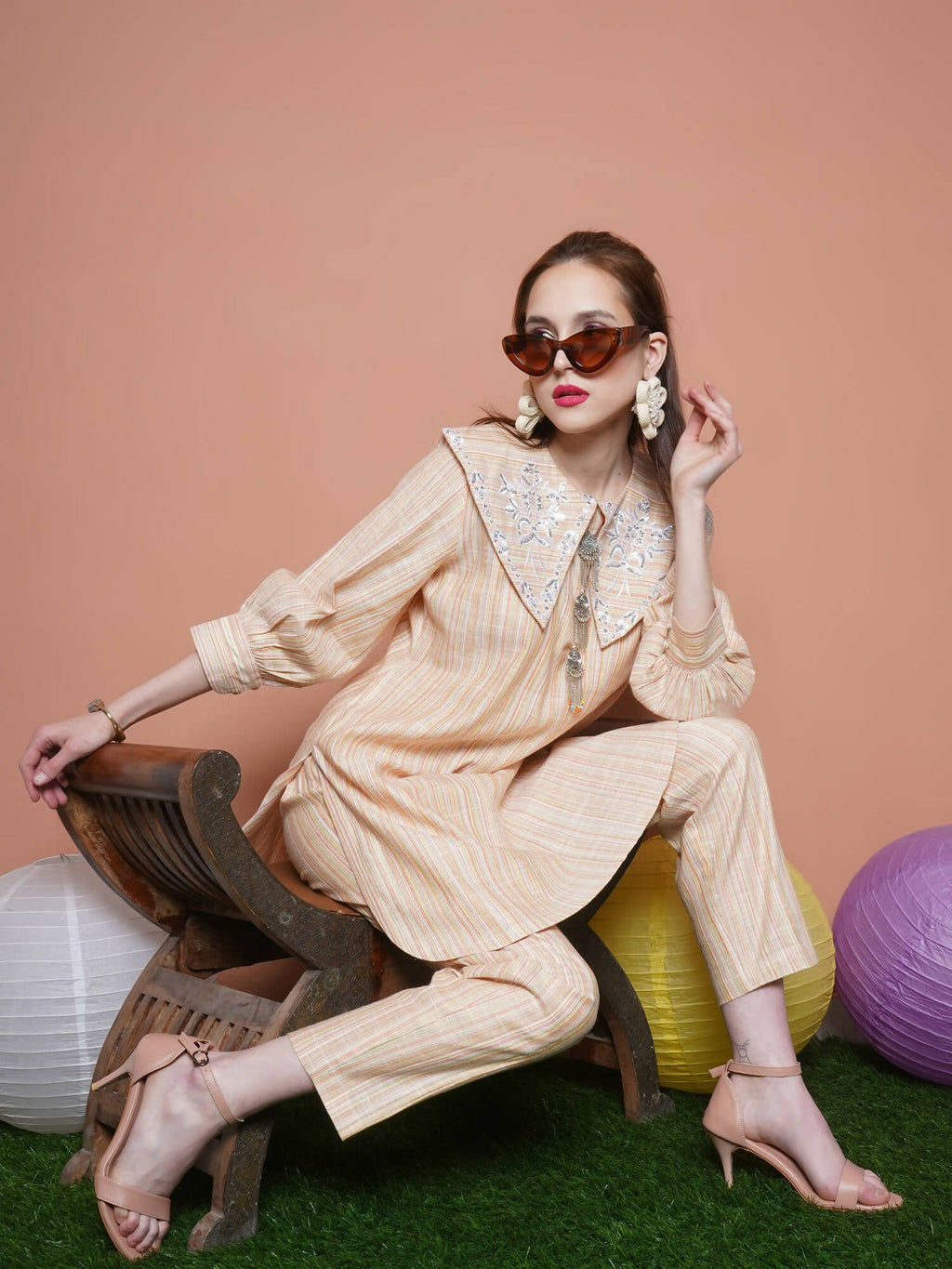 Women Republic Beige Striped Kurta Set | Grocsy