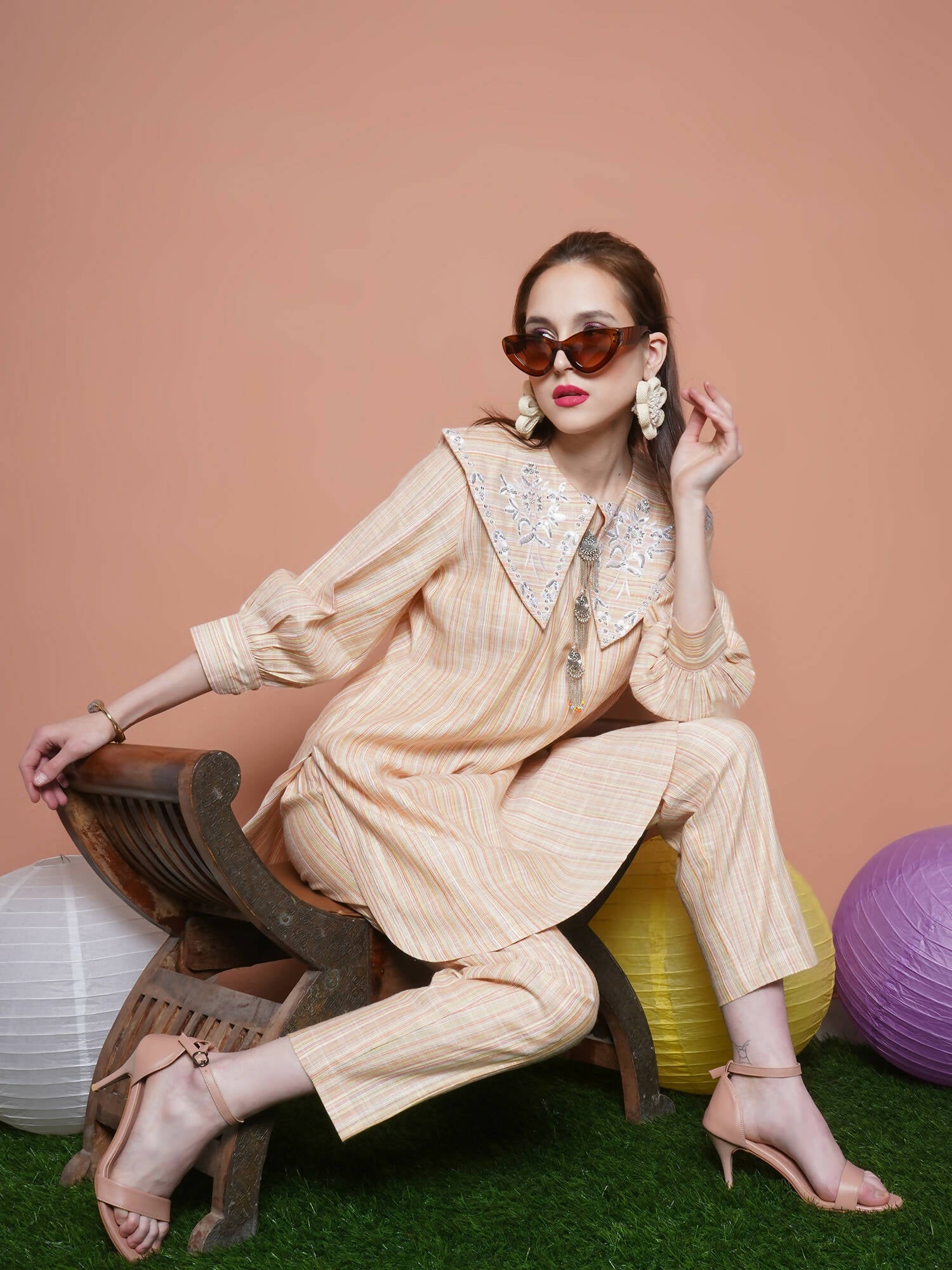 Women Republic Beige Striped Kurta Set | Grocsy
