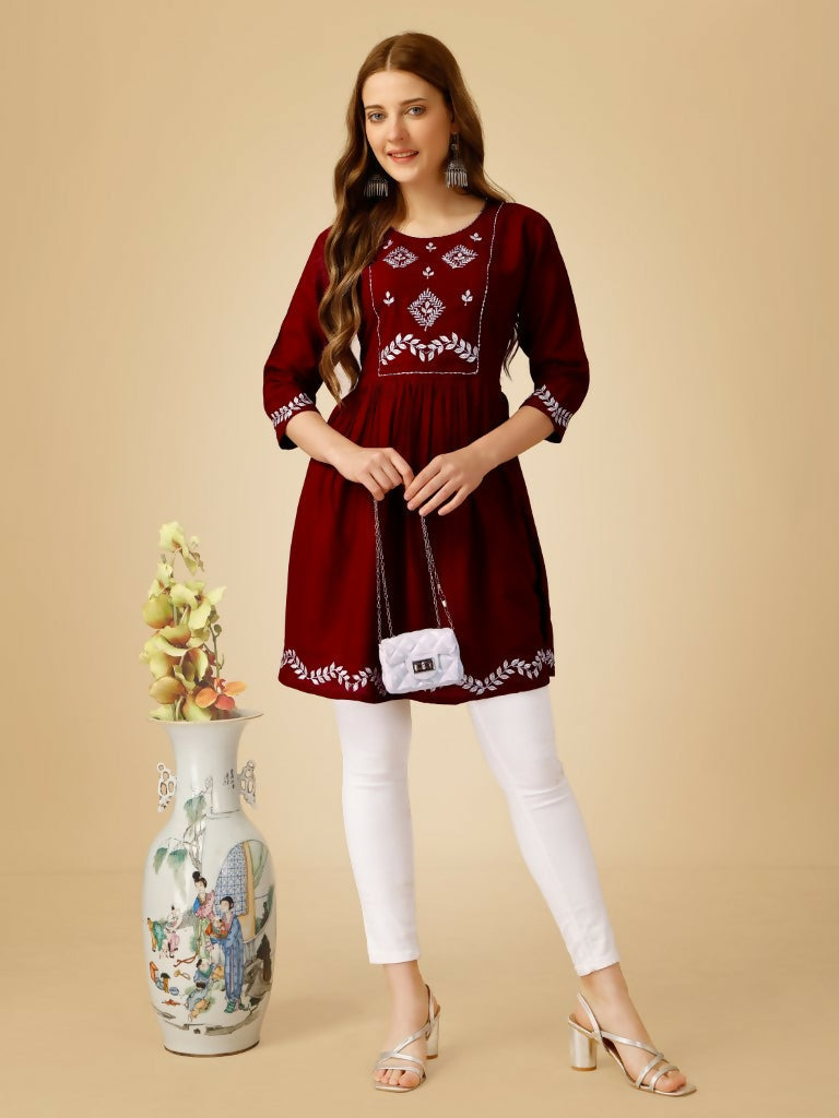 Jyoti Fashion Women's Maroon Viscose Rayon Embroidered Casual Top | Grocsy