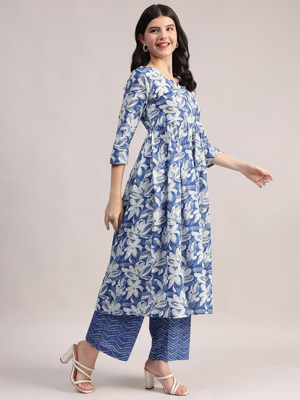 Aavyora Women's Blue Floral Printed Cotton Kurta with Chevron Pattern Palazzo Set | Grocsy