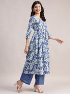 Aavyora Women's Blue Floral Printed Cotton Kurta with Chevron Pattern Palazzo Set | Grocsy