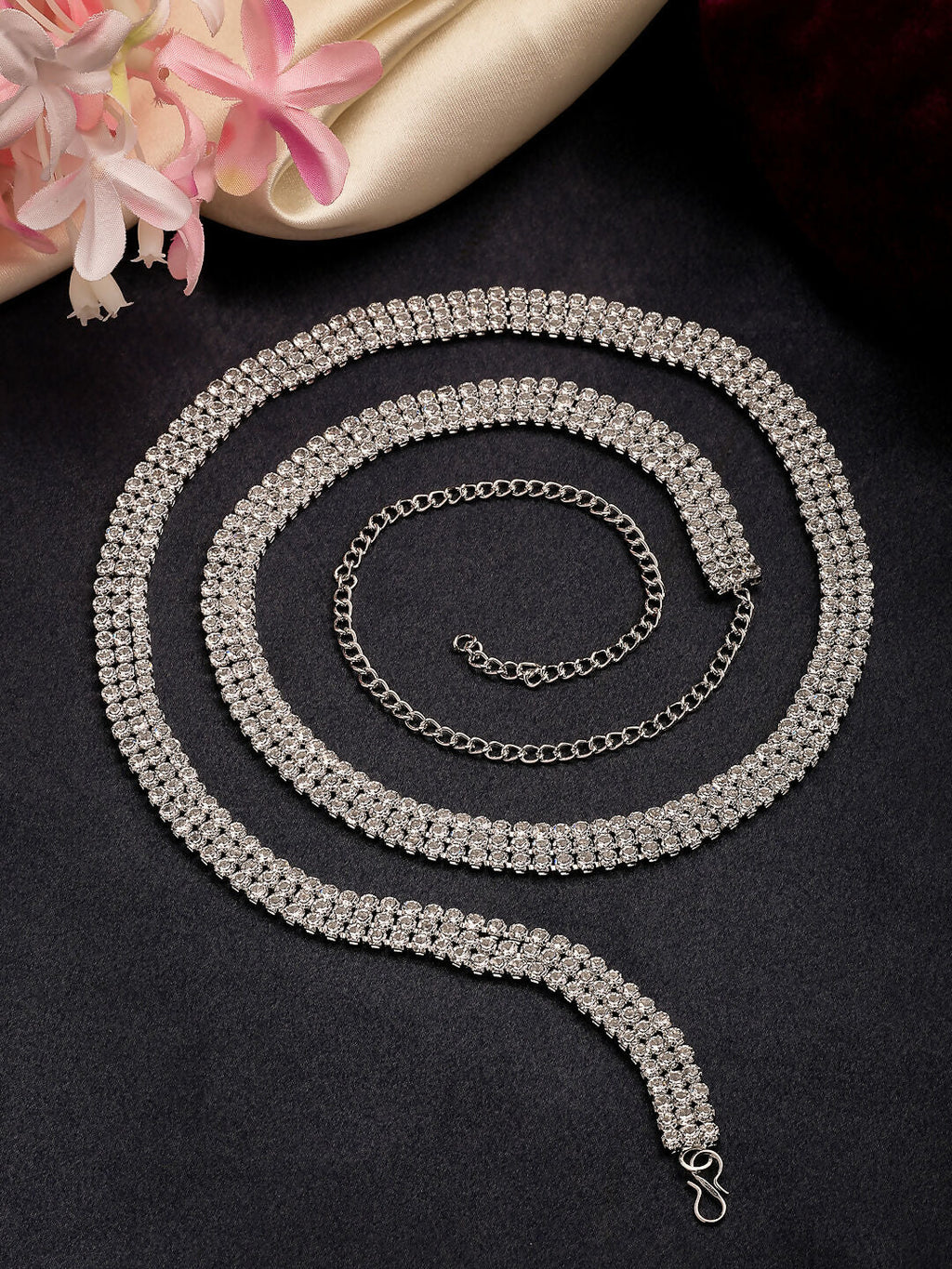 NVR Women's Silver-Plated AD-Studded 3 Layered Kamarbandh Waist Chain | Grocsy
