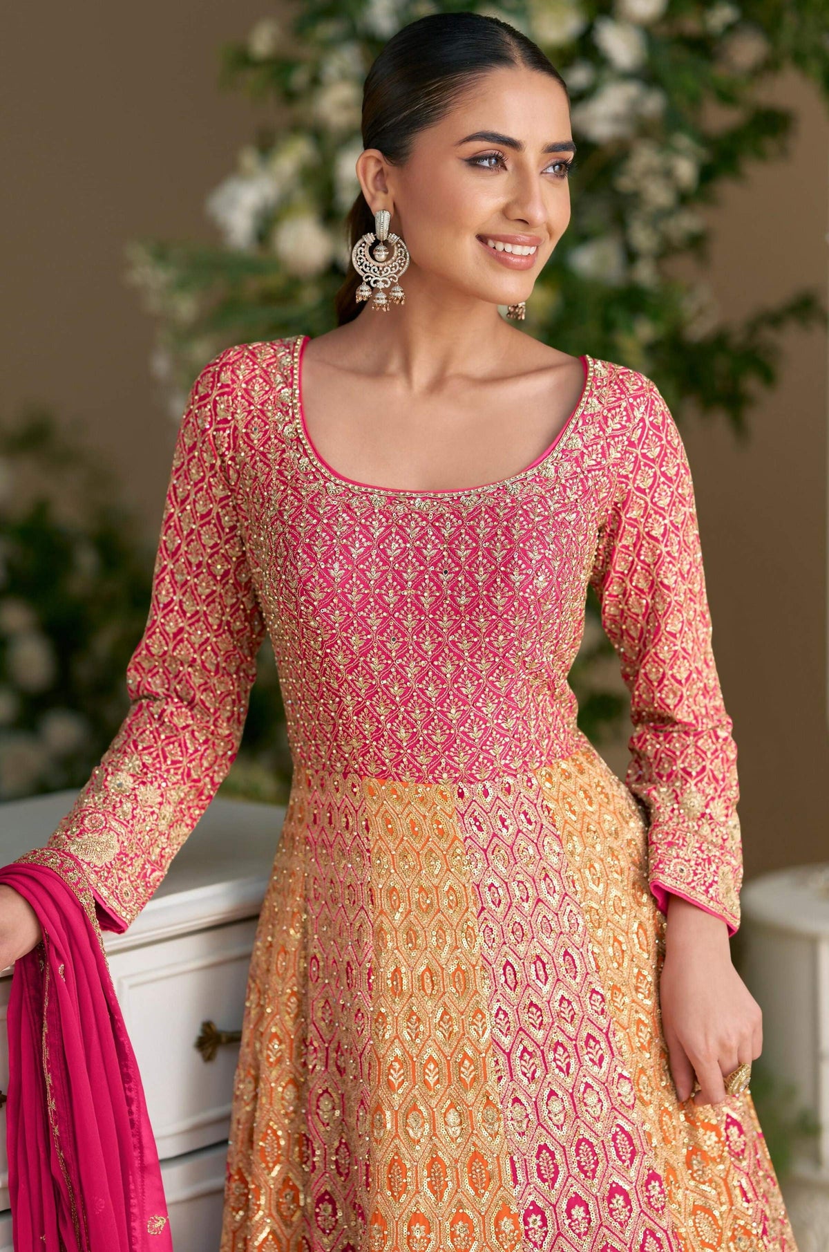 Anaita Peach Georgette Readymade Anarkali Suit with Embroidery Zarkan Work (Free Size) | Grocsy