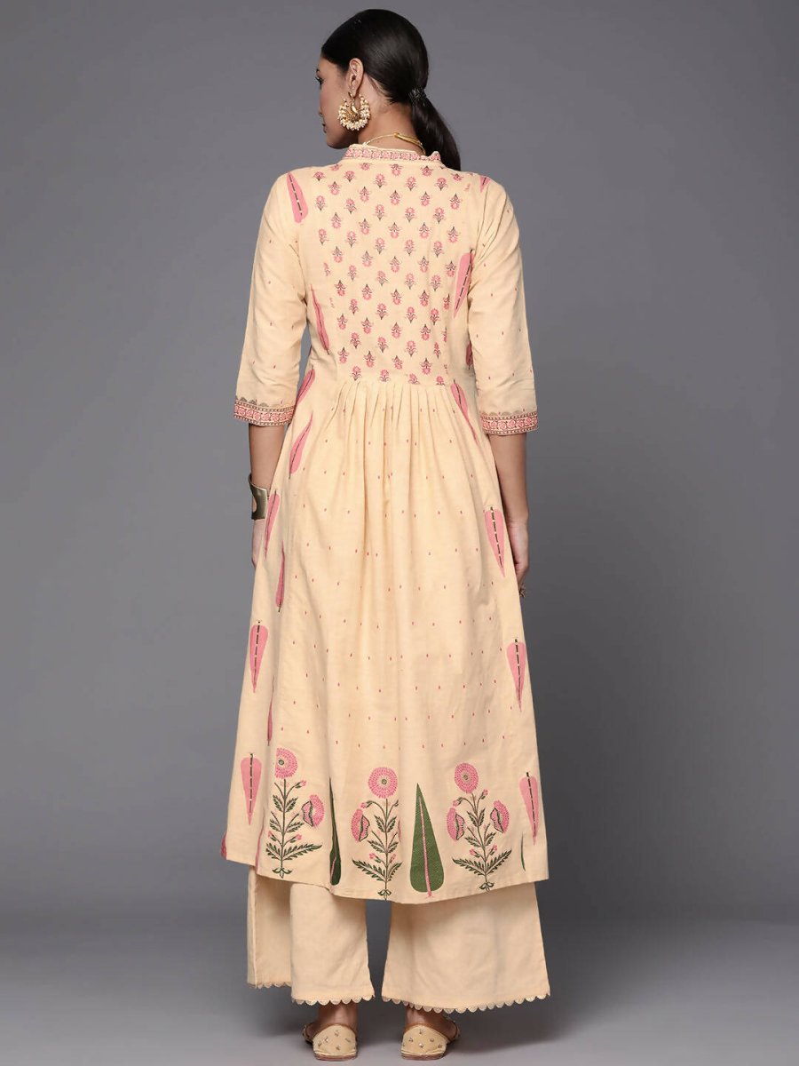 Ahalyaa Women Cream-Coloured & Pink Floral Print Pure Cotton Anarkali Kurta with Palazzos | Grocsy