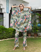 Vaasva Women's Dark Green Musline Viscose Digital Printed Kaftan Pant Set | Grocsy