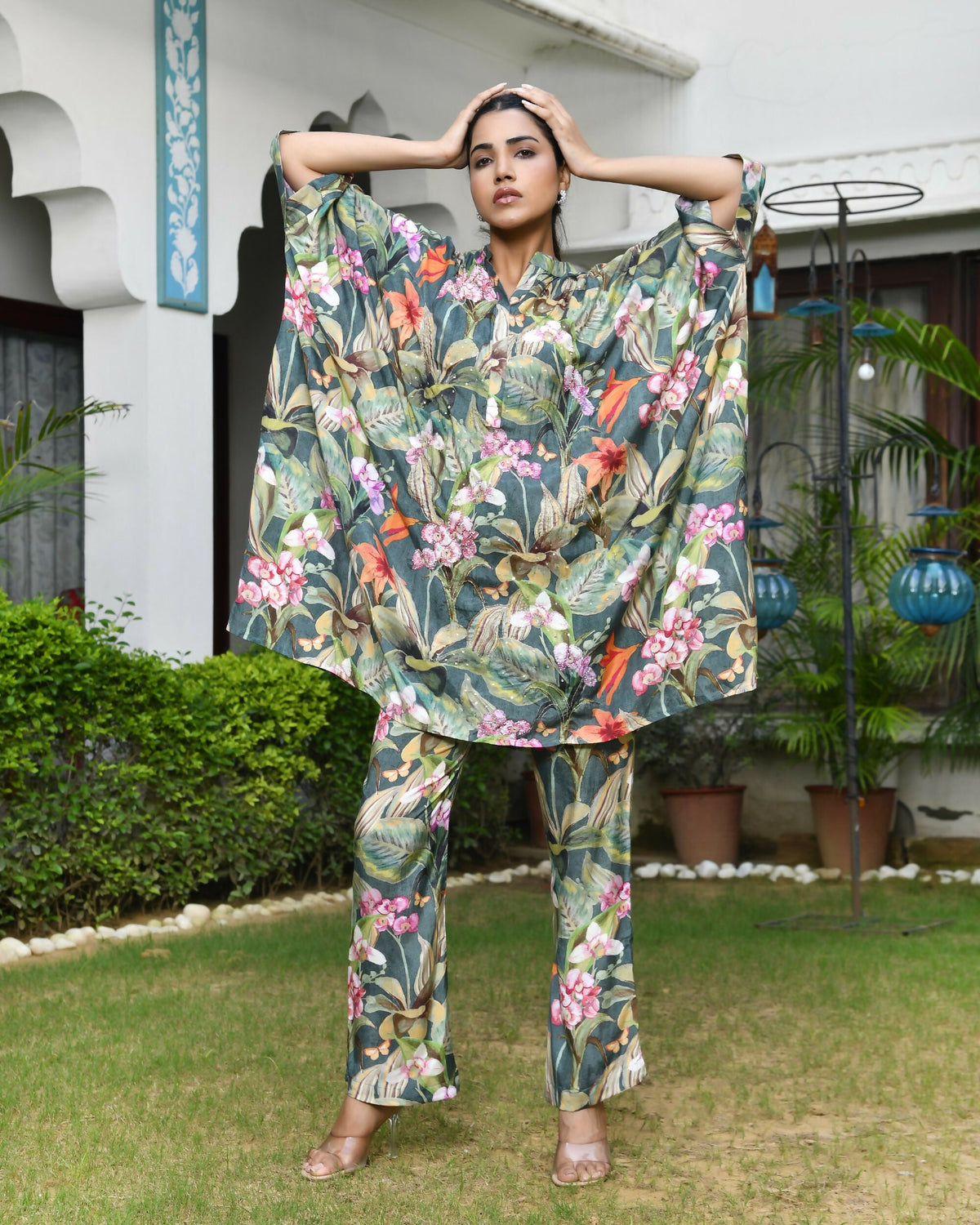 Vaasva Women's Dark Green Musline Viscose Digital Printed Kaftan Pant Set | Grocsy