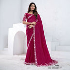 Pink Crepe Shimmer Silk Dual Sequence With Hand Work Saree With Unstitched Blouse - Norita Swaraa | Grocsy
