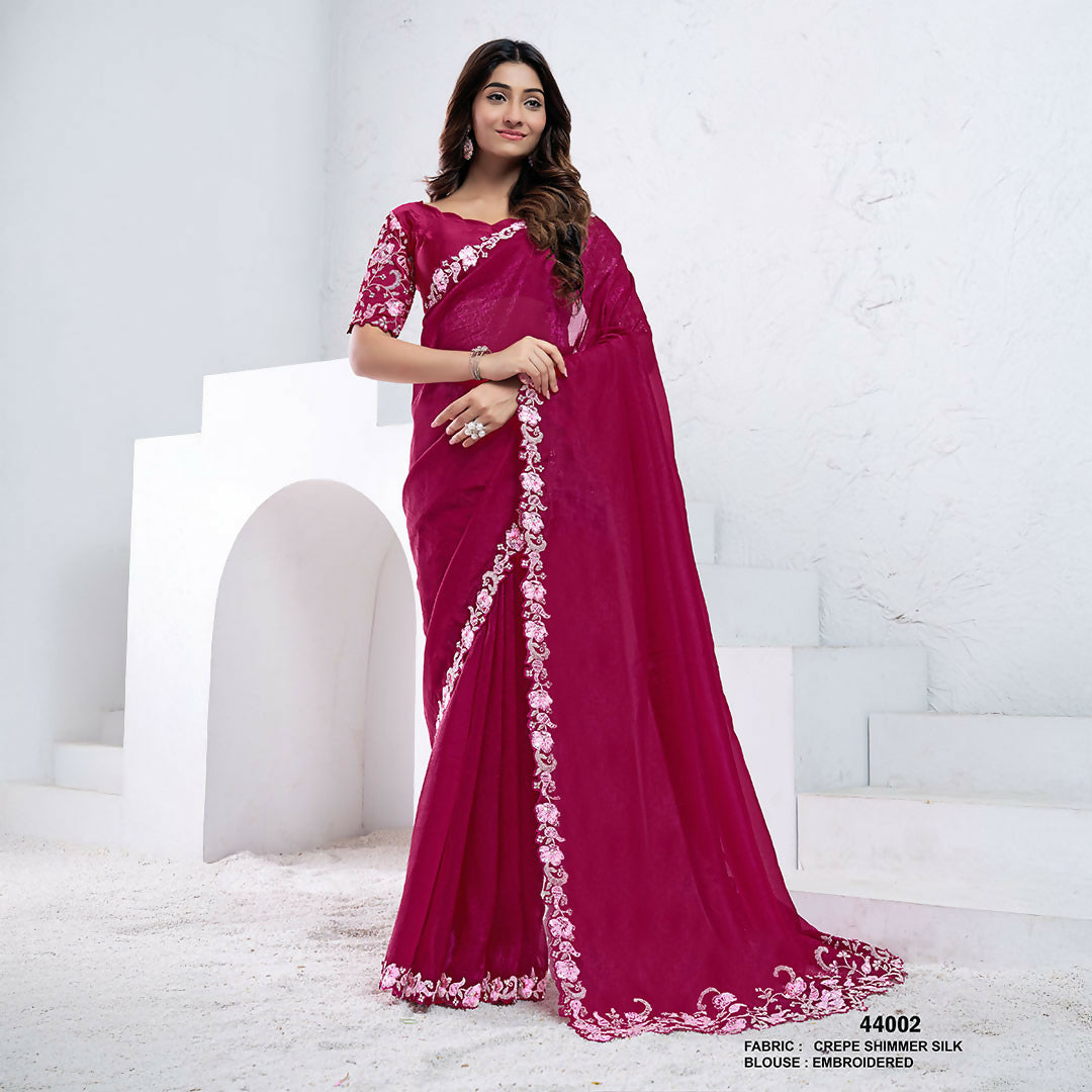 Pink Crepe Shimmer Silk Dual Sequence With Hand Work Saree With Unstitched Blouse - Norita Swaraa | Grocsy