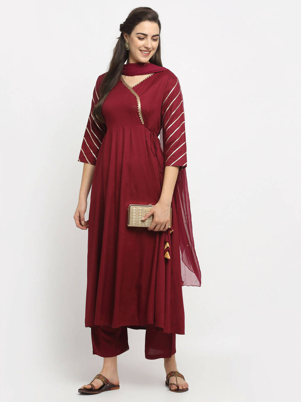Rudra Bazaar Wine Angrakha Style Flared Anarkali Kurta with Pyjamas & Dupatta | Grocsy