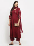 Rudra Bazaar Wine Angrakha Style Flared Anarkali Kurta with Pyjamas & Dupatta | Grocsy