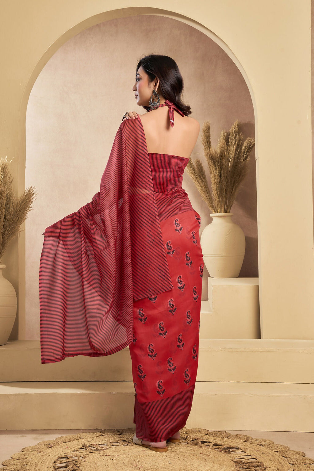 Vastranavya Rust Digital Printed Linen Ready To Wear Designer Saree with Unstitched Blouse | Grocsy